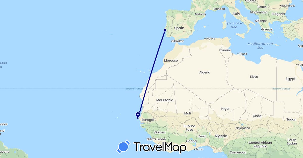 TravelMap itinerary: driving in Portugal, Senegal (Africa, Europe)